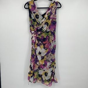 Adrianna Papell Watercolor Floral Ruched Waist Midi Length Dress